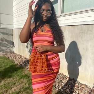 Striped Boohoo Halterneck Key Hole Maxi Dress